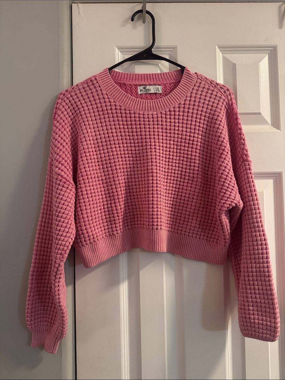 Hollister Pink Waffle-Knit Cropped Crewneck Sweater